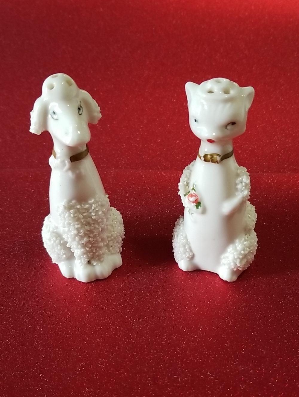 Vintage Porcelain Dog & Cat Gold Collars  Floral Detail Salt And Pepper Shakers